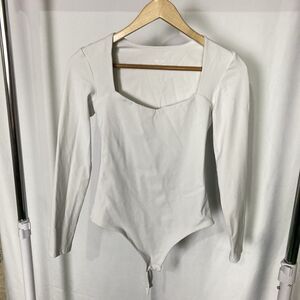 Chunpin Long Sleeve Square Neck Bodysuit White Size Small Sexy Shapewear Thong